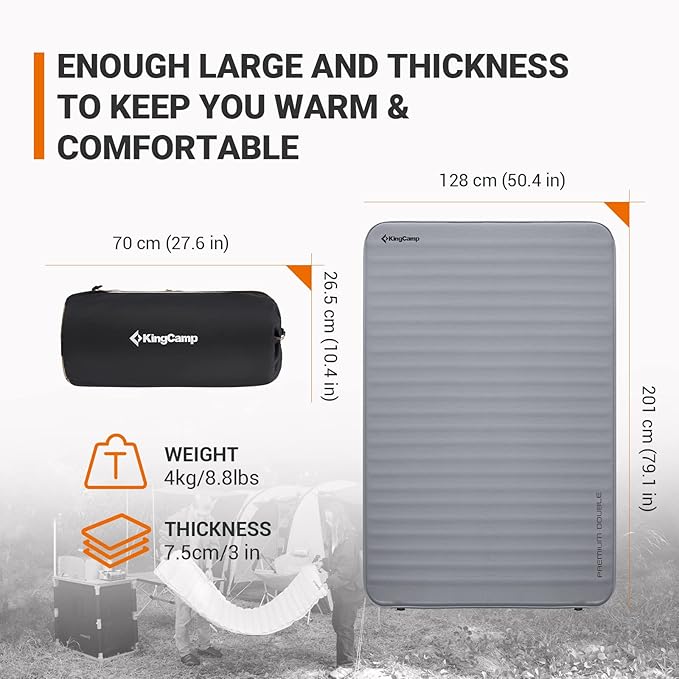 KingCamp Double Self Inflating Sleeping Pad with R Value 9.5, Camping Foam Air Mattress, Portable 3 Inch Large Thick for 2 Person, 79.1'' x 50.3'' x 3.0, Grey