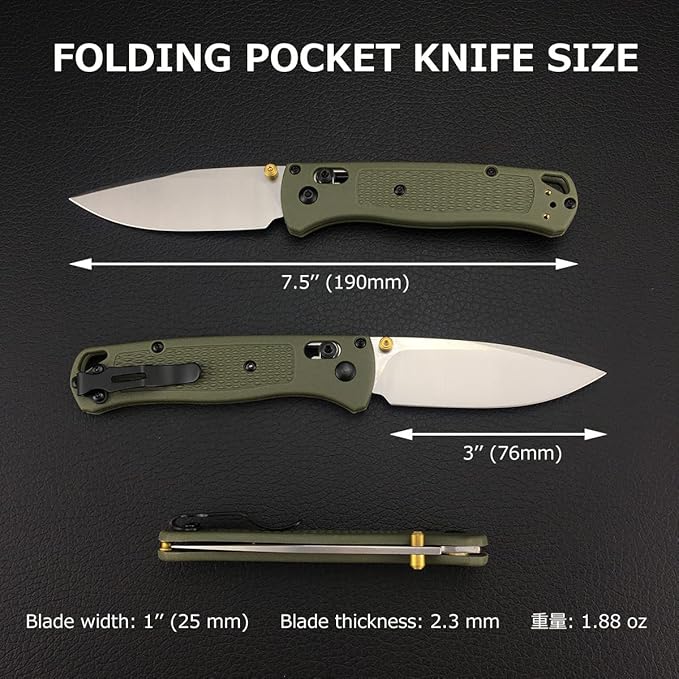 Everyday Carry Bugout Knife, Folding Pocket Knife with 3'' 8Cr13MoV Blade, Plain Edge, Green Glass Reinforced Nylon Grivory Handle with Belt Clip, Axis Lock, Thumb Stud