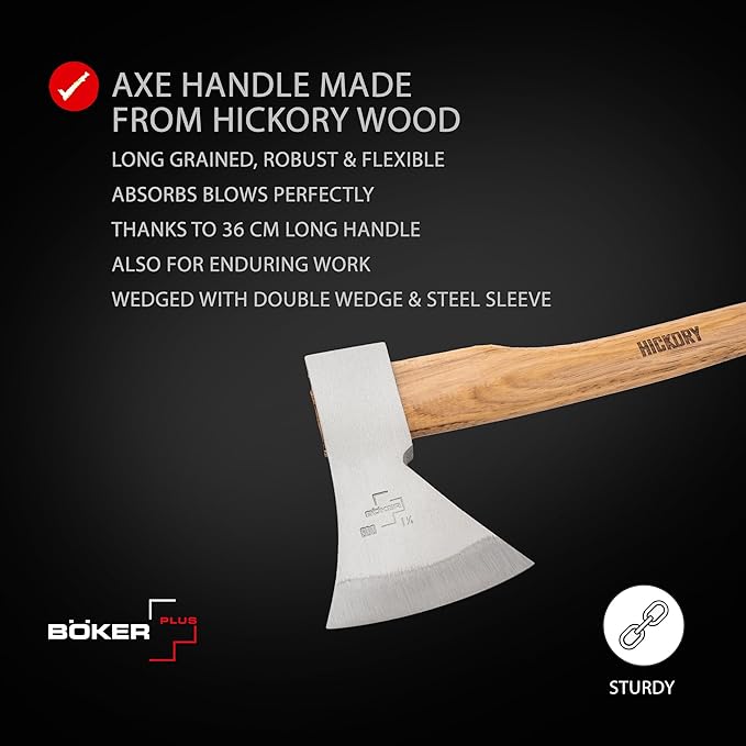 BÖKER PLUS® Appalachian Axe Small - Small Carbon Axe with Short Hickory Wood Handle - bushcraft, Outdoor & Survival Axe - Professional Axe with Rhenish Head 21.16 oz Made of Carbon Steel 1055