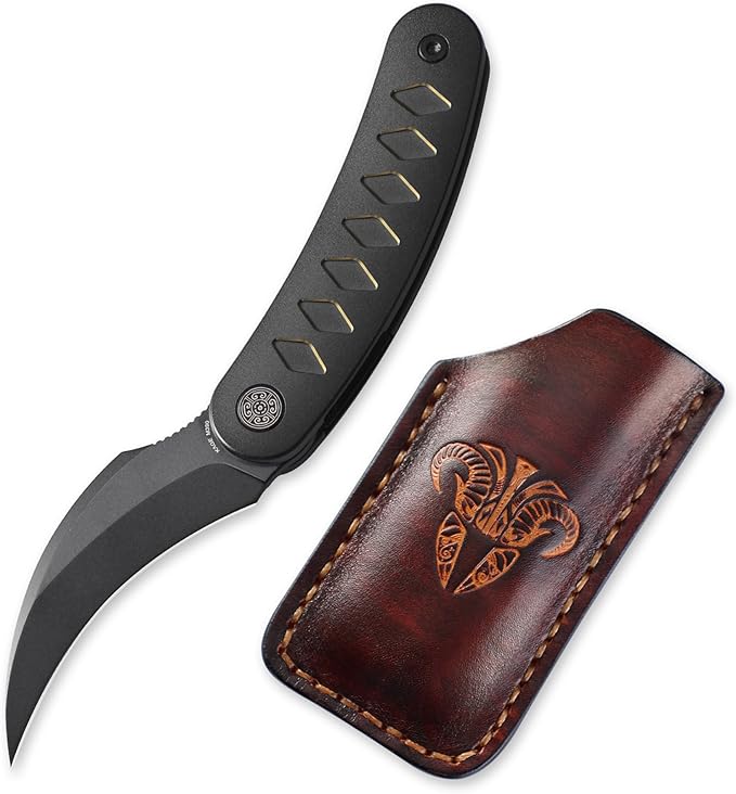 Knife Kage Front Flipper Knife,M390 Stonewashed Pikal Knife,Titanium Handle Pocket Knife Outdoor Folding Knife with Leather Sheath(Gold & Leather Sheath)