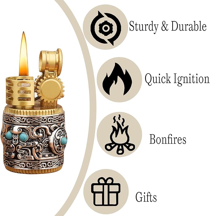 Cool Embossed Design Kerosene Wheel Lighter Refillable Eco-Friendly, Vintage Dazzling & Ultra-Cool, Unique for Men Candles Gift Camping BBQ (No Kerosene) (1#)