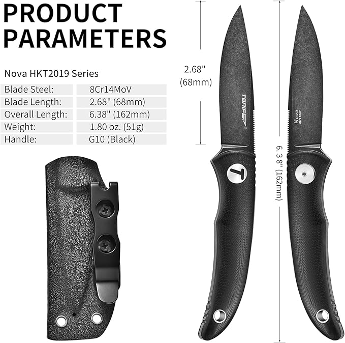 TONIFE Nova 2.68'' Blade Mini Neck Knife Knife Full Tang Fixed Blade Knife with Kydex Sheath and Adjustable Paracord Lanyard for Camping Outdoor Survival Tool (Black+Black Oxide then Stonewash)