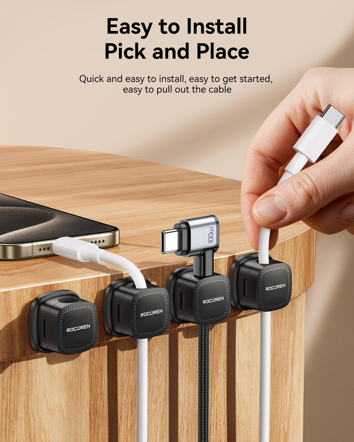 12 Pack Cable Management Cord Organizer,Magnetic Cable Clips-1s Lock,Rocoren Desk Adhesive Cord Cable Clip Wire Holder Keeper for Phone Charger Wire,Nightstand,Car,Office,Desktop Accessory,Black