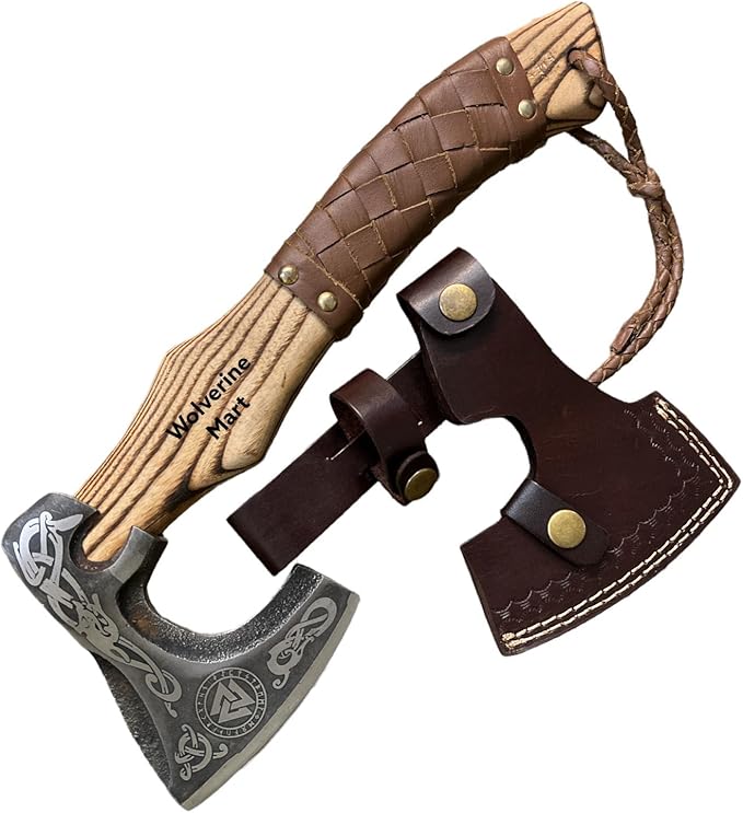 Custom Gift Hand Forged Carbon Steel Viking Axe with Ash Wood Viking Axe,Hatchet,Throwing Axes,Camping Axe,Battle Axe(MB-001)