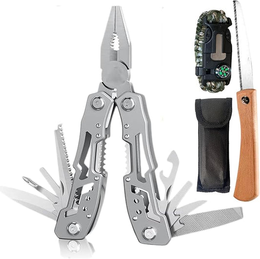 Multitool 20-in-1 Pliers and Knife Set with Mini Saw, 5-in-1 Hand Cord, Outdoor Camping Survival Multi-Purpose Tool, Hunting and Fishing, Silver Colour, Suitable for Giving as Gifts, Men, Women