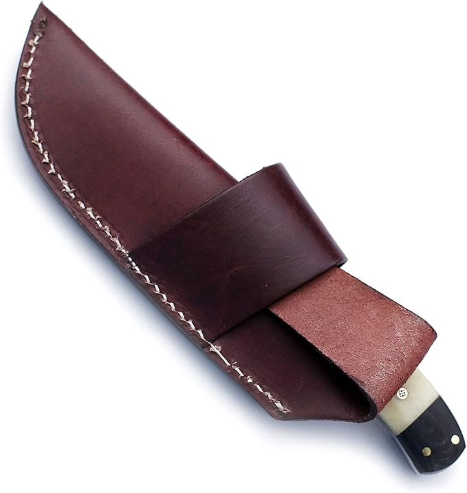 Handmade Damascus Steel Knife Bowie for Edc,Hunting,Survival,Camping,Bushcraft and Fishing-Fixed Blade with Drop point Blade Full Tang Bone Handle with Cowhide-Leather Sheath - WKD-774