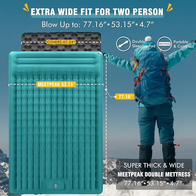 MEETPEAK Double Sleeping Pad for Camping, Extra-Thick 4.7" Inflatable Camping Mattress 2 Person with Pillow Built-in Foot Pump, Portable Camping Sleeping Mat for Backpacking, Hiking, Tent, Traveling