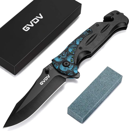 GVDV Utility Pocket Knife with 7Cr17 Stainless Steel - EDC Folding Knife for Outdoor Camping Hunting, Liner-Lock, Clip, Seatbelt Cutter, Glass Breaker for Emergencies, Father's Day Gifts, Blue Skull