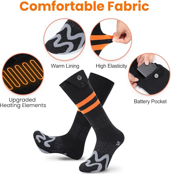 Heated Socks for Men Women,7.4V 3000mAh Rechargeable Heated Socks with APP Control Washable Electric Heating Socks Feet Warmer for Winter Outdoor Sports Hunting Skiing Camping (Orange Black-XL)