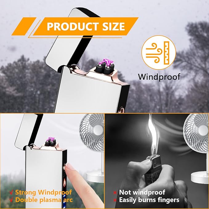 GADATOP Arc Lighter Rechargeable Windproof Flameless Electric Lighters for Outdoors Camping Hiking, Plasma Lighter with LED Battery Indicator and Gift Box (Silver)