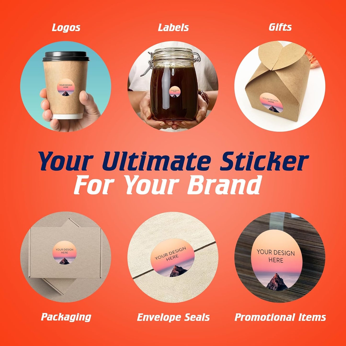 100 Custom Vinyl Stickers - Upload Your own Image, Text, Design, Logo - Personalized Logo Labels for Handmade, Packaging, Bottle, Jars, Candle, Brand Stickers (Mountain, 1x1)