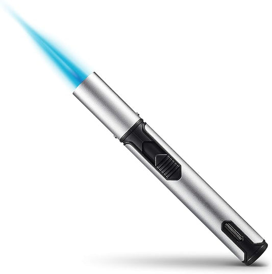 Urgrette 1 Pack Butane Torch Lighter, 6-inch Refillable Pen Lighter Adjustable Jet Flame Butane Lighter for Grill BBQ Camping (Gas Not Included) Silver.