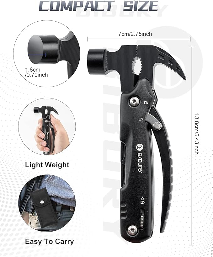 BIBURY Hammer Multitool Camping Tool, 12-in-1 Survival Gear Outdoor Multi Tool with Safety Lock, Cool Gadgets Survival EDC Multi-Tool for Outdoor, Camping, Hiking, Survival