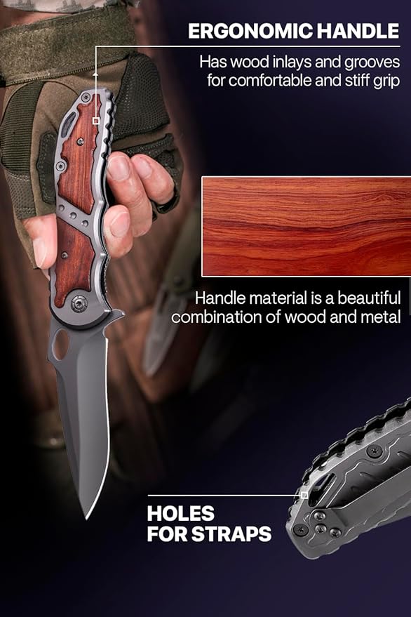 Grand Way Spring Assisted Knife - 5Cr15MoV Sharp Blade - Pocket Knife with Wood Handle - Tactical Folding Knives - Best for EDC Camping Survival - Birthday Gifts for Dad Men 97010