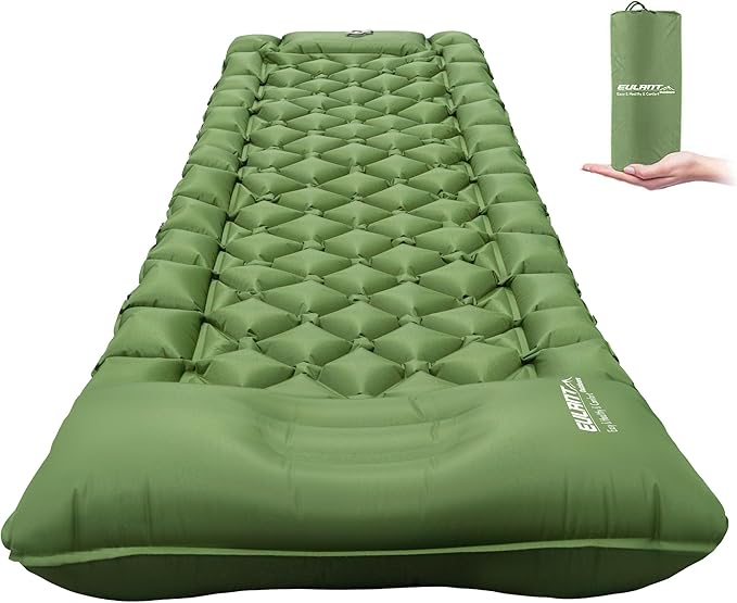 Single Sleeping Pad for Camping, Ultralight Inflatable Sleeping Mat with Pillow and Built-in Foot Pump, Portable Camping Mattress for Tent, Backpacking, Hiking, Traveling（Green）
