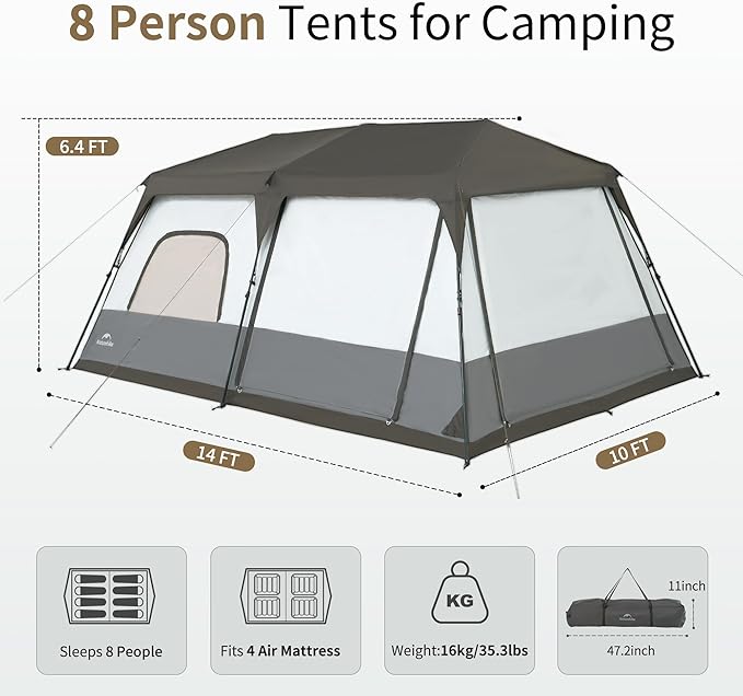 Naturehike Cape 4/6/8 Person Camping Tent, 60S Easy Setup Instant Tent Pop up Tent, Waterproof Large Tall 6/8 Person Tents for Camping, Car Camping