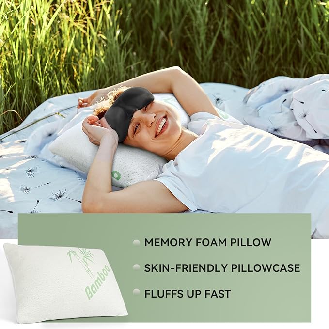 Camping Pillow Travel Pillow Memory Foam with Extra Cover Sleep Mask and Storage Bag Camping Essentials for Backpacking Airplane Car-Medium