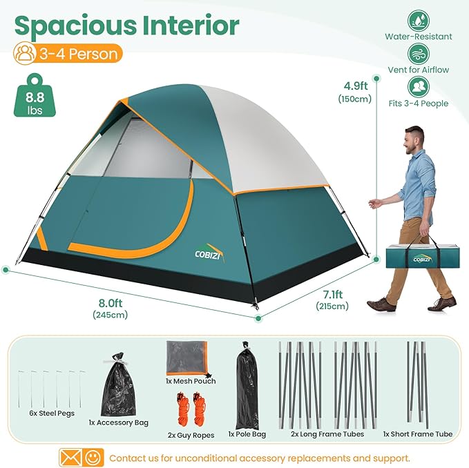 COBIZI Camping Tent, 4/6 Person Easy Setup Waterproof Windproof Backpacking Tent with Removable Rainfly, Lightweight Portable Outdoor Family Tents for Camping, Travel, Fishing, Hiking, Scouts