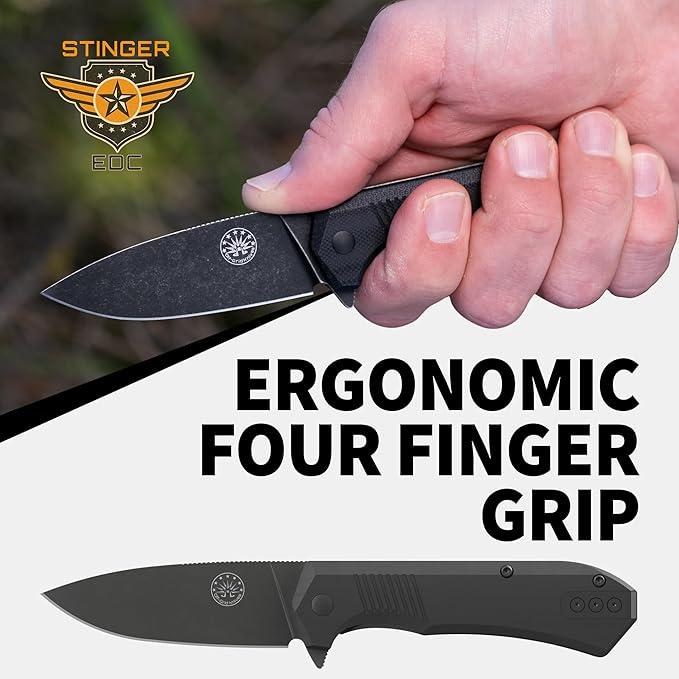 Off-Grid Knives - Stinger EDC Folding Knife with Drop Point Blade, Full Flat Grind, Crucible 154CM Steel, G10 Scales, Deep Carry Clip, Everyday Carry (Blackout)