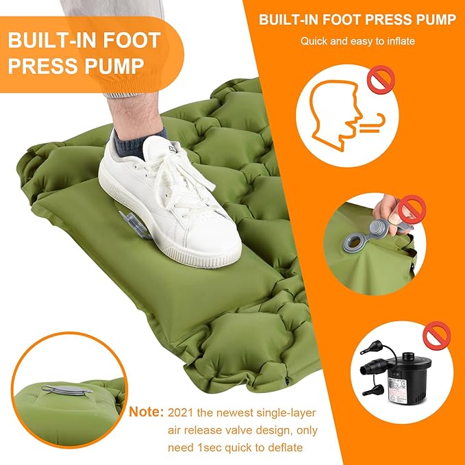 Sleeping Pad Ultralight Inflatable Sleeping Pad for Camping, 80''X25'', Built-in Pump, Ultimate for Camping, Hiking - Airpad, Carry Bag, Repair Kit - Compact & Lightweight Air Mattress（Green）