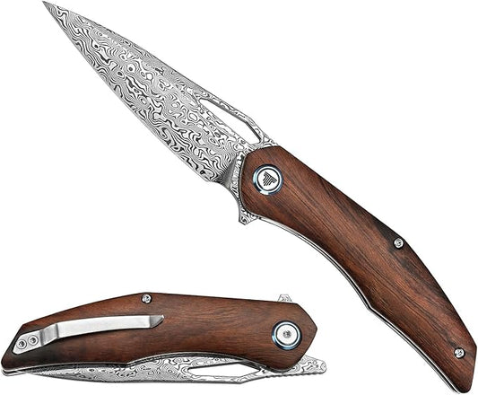 Handmade Pocket Knife,3.62'' 110 Layers Damascus Steel Blade,Front Flipper Wood Handle with Clip,Folding EDC for Men Outdoor Hunting Camping Hiking,Taurus-01i
