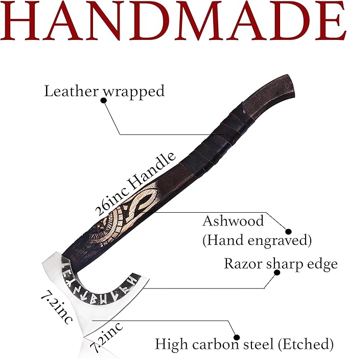 HUN-3004 Custom Handmade Viking Hatchet Axe Carbon Steel Head Bearded Camping Tomahawk Battle Ax with Sheath Ideal Gift for Men