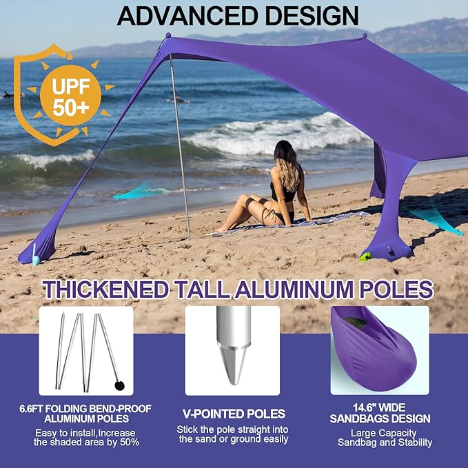 Buheco Beach Tent Pop Up Shade 7x7.5ft Beach Canopy Sun Shelter UPF50+ with 4 Foldable Poles Portable Carrying Bag Sand Shovel Ground Pegs Windproof Ropes for Outdoor Family Camping Fishing Picnic