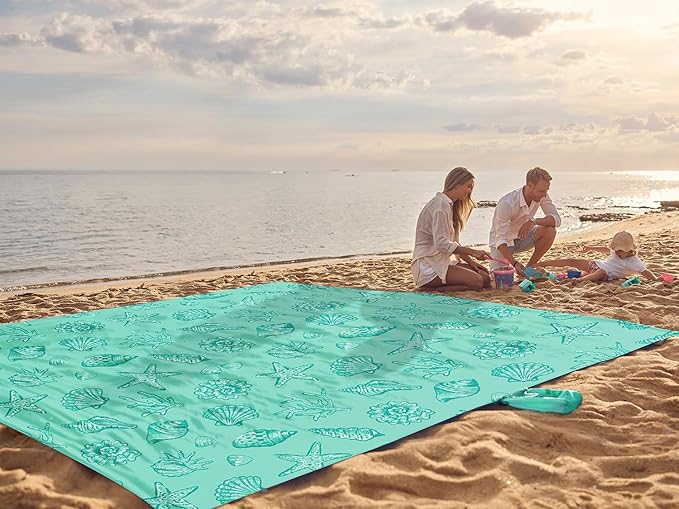 WEKAPO Beach Blanket Waterproof Sandproof Oversized, Extra Large Beach Mat Sand Free, Lightweight & Compact Sand Free Mat with 6 Stakes & 4 Corner Pockets