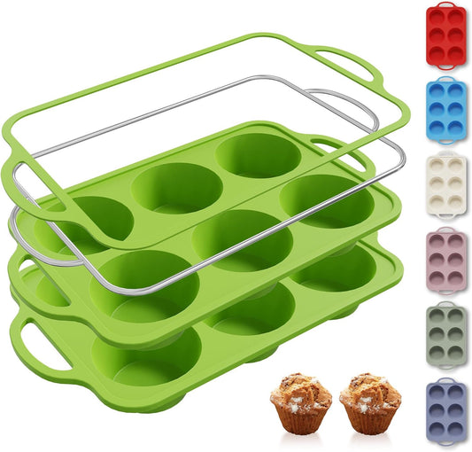 2 Packs 6 Cups Silicone Muffin Pan with Metal Reinforced Frame Jumbo Size Cupcake Pan Tray Egg Bites Silicone Circle Cookie Molds Muffin Tin Tart Pans Baking Sheet Set for Breakfast Sandwiches