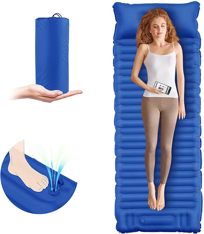 ONTYZZ Inflatable Sleeping Pad Ultralight Inflatable Sleeping Pad Camping Sleeping Pads with Pillow and Built-in Foot Pump for Hiking Traveling Camping, Blue
