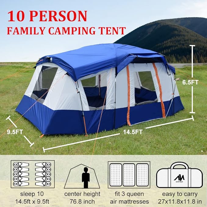 8 Person Tent for Camping, AYAMAYA Waterproof Multi Room Large Family Tents with Skylight & Removable Rainfly &4 Large Mesh Windows and Divided Curtain for Separated Room