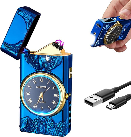 Cool Lighter with Clock Dial Electric Lighter with LED Power Display Plasma Lighter Windproof USB Rechargeable Lighter Gifts for Men Women (Eagle-Blue)