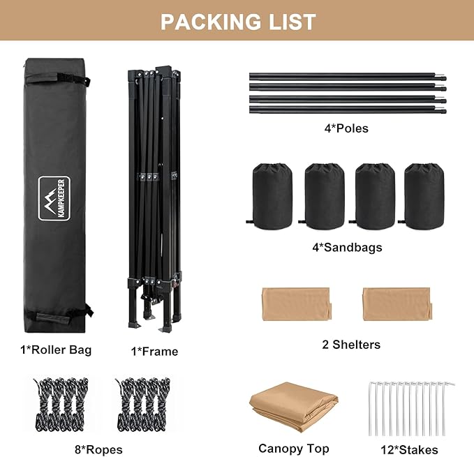 KAMPKEEPER 10x10 pop up Canopy Tent with 2 sidewalls Silver-Coated,Outdoor Canopy Tent for Parties with 2 Shelters,with 4 Poles, 4 Sandbags,8 Ropes,12 Stakes,and 1 Roller Bags