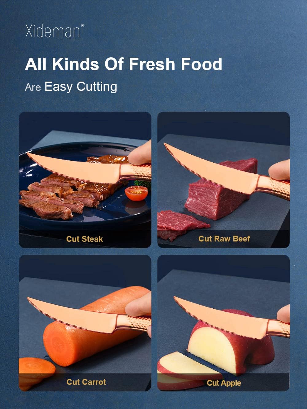 16-Piece Modern Copper Hammered Silverware Set with Ultra Sharp 2-IN-1 Serrated Knife, Rose Gold 18/10 Stainless Steel Flatware Set, Utensil Cutlery Set for 4 Person, Forks Spoons Knives Set