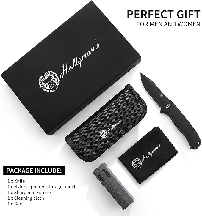 Holtzman's Gorilla Survival Folding Knife D2 Steel Blade G10 Handle Pocket Knife EDC Giftset for Men and Women (black blade + black handle)