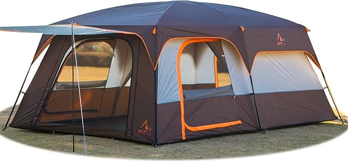 KTT Extra Large Tent 10-12-14 Person(Style-B),Family Cabin Tents,2 Rooms,3 Doors and 3 Windows with Mesh,Straight Wall,Waterproof,Double Layer,Big Tent for Outdoor,Picnic,Camping,Family Gathering