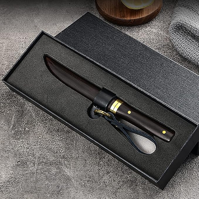 Damascus Knife Gift Men's Mini Katana Japanese Samurai Knives with Wooden Sheath, 4-1/5'' Fixed Blade Damascus Steel Pocket Knife