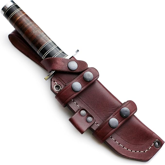 GCS Custom Handmade Stacked Leather Handle Bowie Survival Tactical Gear Hunting Knife D2 Tool Steel Buffalo Hide Sheath GCS145