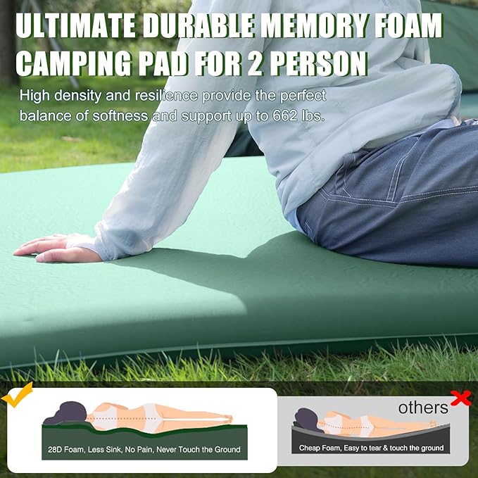Double Self Inflating Sleeping Pad with Electric Pump, 3.14" Thick Memory Foam Camping Mattress 2 Person w/Pillow, Easy Inflate&Deflate, Outdoor Camping Mat for Rooftop Tent Car Truck Van