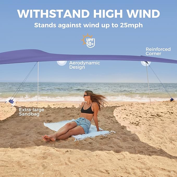 WEKAPO Beach Tent Sun Shelter - Easy Setup Beach Canopy with 4 Sturdy Poles, Large Sandbags and Shovel, 6'7'' Tall, Windproof Sun Shade for Backyard and Camping, UPF 50+ Protectio