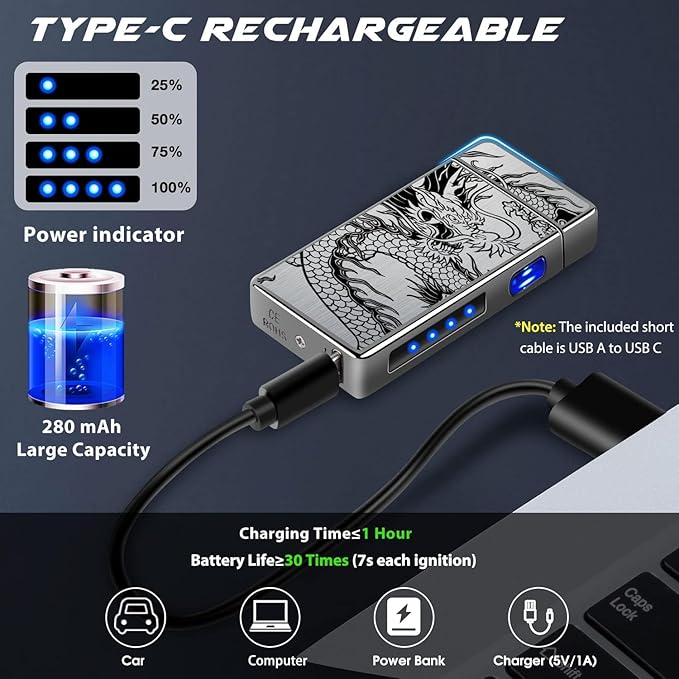 LcFun Electric Lighter USB Rechargeable Lighter, Windproof Plasma Dual Arc Lighter, Flameless Cool Lighters with LED Battery Indication for Candles, Incense Stick, Outdoor Camping (Black Dragon)