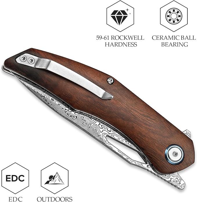 Handmade Pocket Knife,3.62'' 110 Layers Damascus Steel Blade,Front Flipper Wood Handle with Clip,Folding EDC for Men Outdoor Hunting Camping Hiking,Taurus-01i