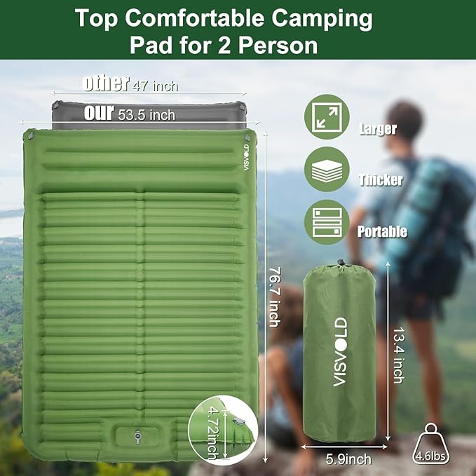 Double Sleeping Pad for Camping, 4.72" Ultra-Thick Self Inflating Camping Pad 2 Person with Pillow Built-in Foot Pump Portable Camping Pad for Backpacking, Hiking, Tent, Traveling(Green)
