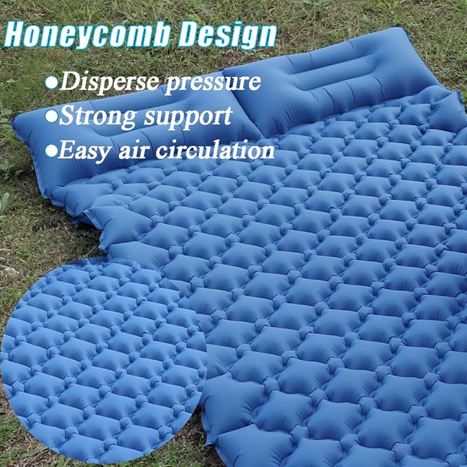 Sleeping Pad for Camping, Inflatable Sleeping Mat with Pillow, Camping Pad with Built-in Foot Pump, Lightweight Camping Mattress Pad for Car Camping, Backpacking, Tent and Hiking (Full (Navy))