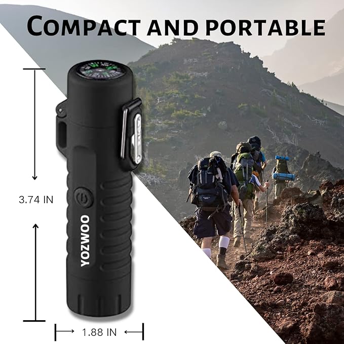 YOZWOO Electronic Lighter Rechargeable USB Lighter Plasma Dual Arc Lighter Flameless Windproof Waterproof Lighter with Flashlight Compass Lanyard for Outdoor Camping Survival Tactical Gear（Black）