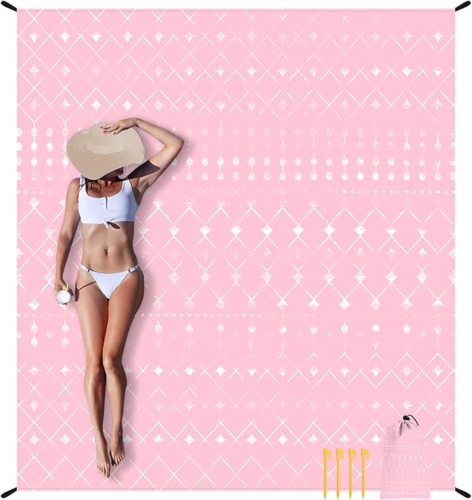 Beach Blanket Waterproof Sandproof, 110''×118'' Extra Large Beach Mat for 8 Adult, Pink Polyester Picnic Blankets w/Stakes, Compact Quick Drying Outdoor Blanket for Travel, Camping, Hiking