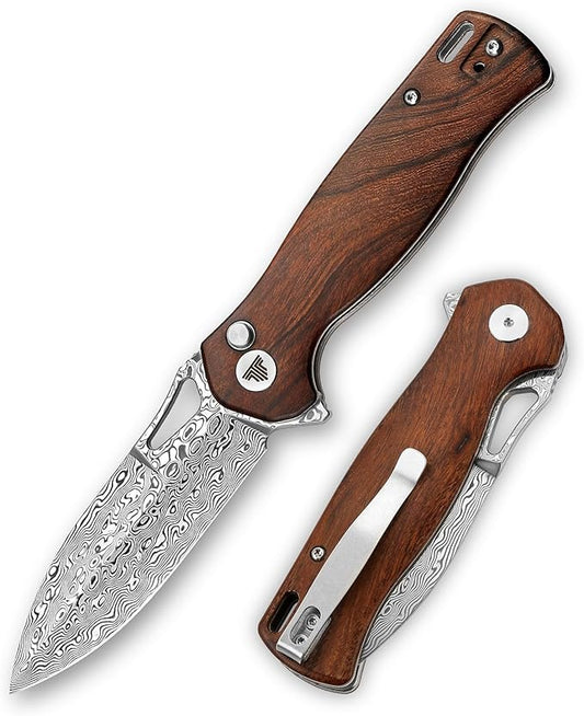 Knives - Crateris-01 | 3.38" Damascus Pocket knife for Men with Clip，Folding Knife Button Lock & Flipper,Ironwood Scales for EDC Camping Tool（ Polished Blade）