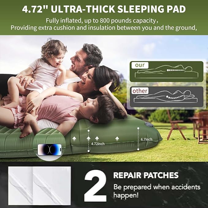 Double Sleeping Pad for Camping,4.75" Ultra-Thick Camping Mattress with Pillow Built-in Foot Pump, Self Inflating Camping pad for Backpacking, Car Camping, Hiking, Tent(Green)