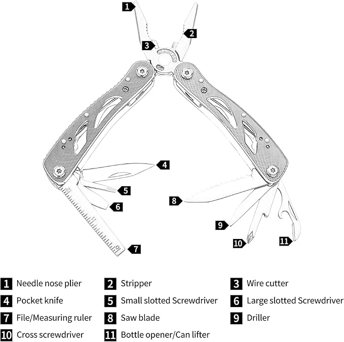 All In One Tool Multitool Needle Nose Plier, Stripper,Bottle Opener,Can Lifter,Cross Screwdriver,Knife,Saw Blade,File, Slotted Screwdrive For Outdoor, Survival, Camping, Hunting and Hiking