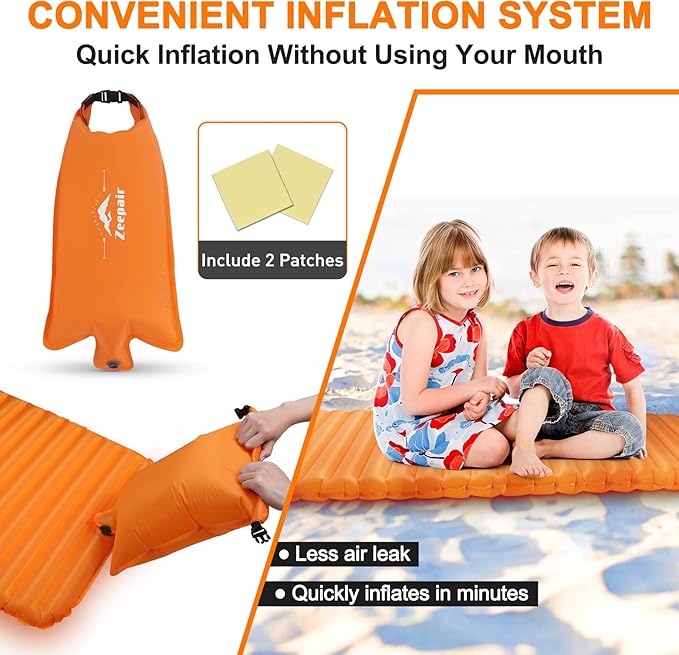 Sleeping Pad for Camping - Ultralight Inflatable Sleeping Mat for Camping Backpacking Hiking Tent Traveling - Portable Compact Lightweight Waterproof Air Mattress with Inflating Bag - Orange